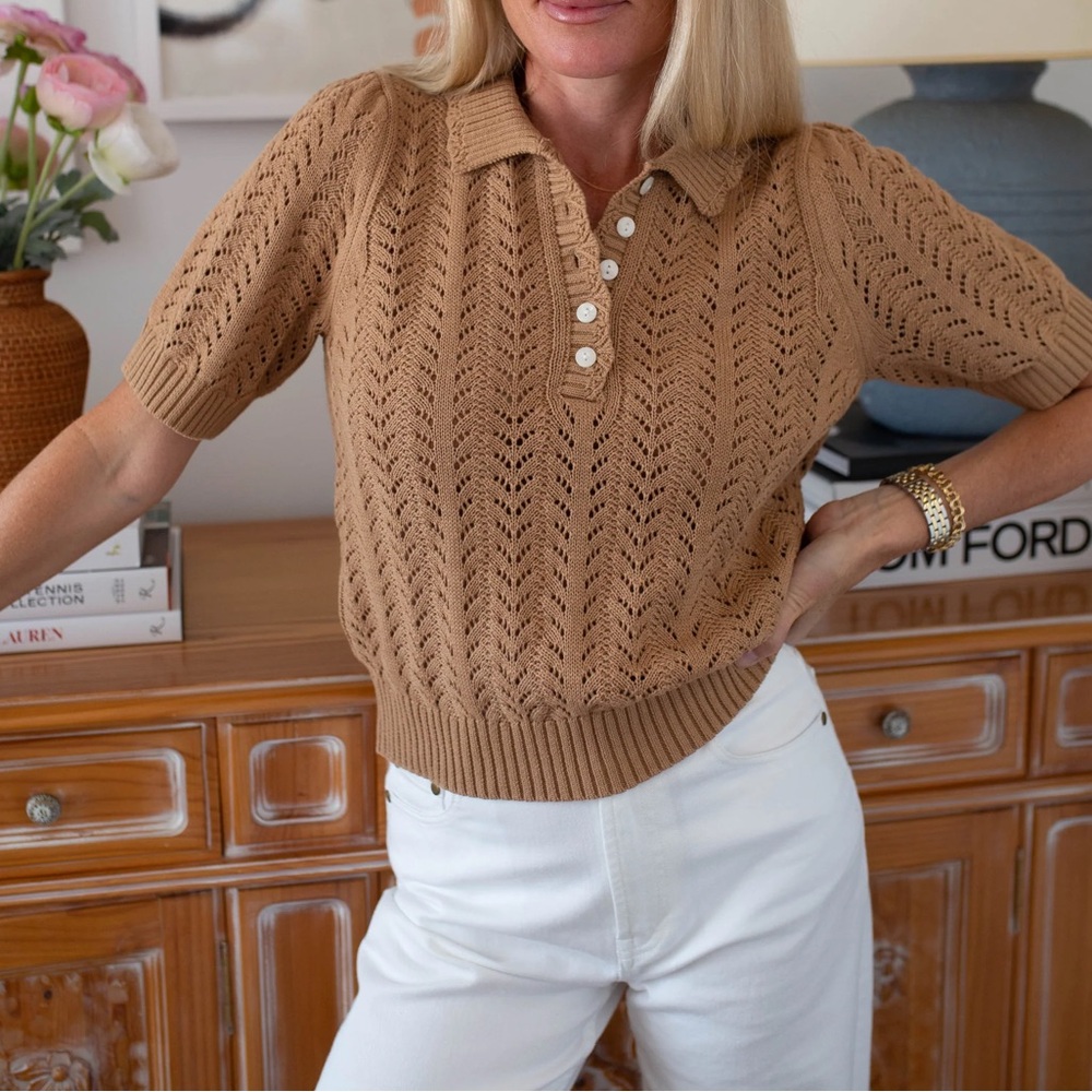 MAREA | NWT! POINTELLE SHORT SLEEVE POLO - DUNE SIZE: Small